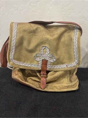 Free People Canvas Messenger Bag in Olive with Leather Strap